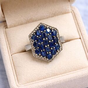 Vintage Blue Gemstone Ring Hexagon Cluster 925 Silver Size 8 Cocktail Jewelry